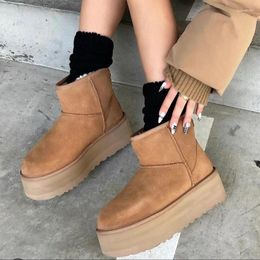Boots Brown Non-Slip Thick-Soled Short-Tube Cotton Snow Woman Winter 2024 Round-Toe Side Zipper Platform Ankle For Women