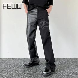 Men's Pants FEWQ Letter Embroidery Casual PU Leather Splicing Personality Streetwear Fashion Summer Men Trousers 2024 9C5070