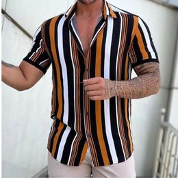 Summer Mens Shirt Fashion Striped Print Short Sleeve Blouse Turn Down Collar Button Oversized Casual Clothing 240409