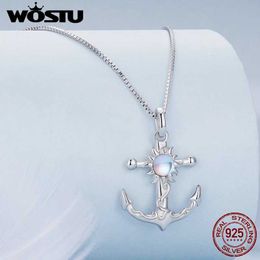 Necklaces WOSTU 925 Sterling Silver Anchor Necklace with Transparent Glass Fine Jewellery for Women Sea Summer Sailor Series Travel Gift