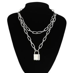 Double Layer Lock Chain Necklace Punk Hip Hop Personality Link Chain Silver Gold Men Pendant Necklaces Women Fashion Gothic Jewelry8026292