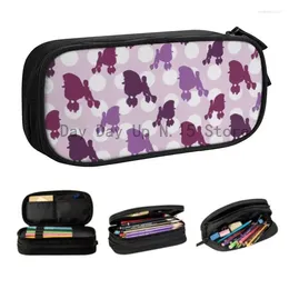 Cosmetic Bags Purple Poodle Polka Dot Print-Dogs Pattern Pencil Cases For Girls Boys Custom Large Capacity Pen Bag Box School Accessories