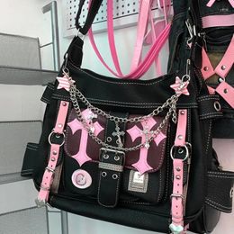 School Bags Punk Vintage Crossbody Pink Cross Chains For Women Girl Handbag Y2k Trend Tote Bag Kawaii Backpack Two-dimensio Nal