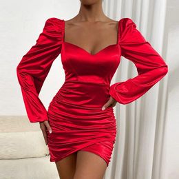 Casual Dresses Sexy Deep V-neck Hollow Satin Party Dress Women 2024 Spring Solid Slim Bodycon Hip Autumn Long Sleeve Irregular Mini