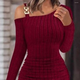 Casual Dresses Women Fall Spring Dress Knitted One Shoulder Lady Elastic Tight Waist Long Sleeve Mini Sheath Party Prom