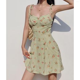 Casual Dresses Fashion Retro Young Adult Refreshing White And Green Plaid Print Slip Dress Waist-Controlled Slim Looking A- Line Skirt