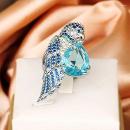 Cluster Rings 925 Silver Fashion Sparkle Blue Diamond Colour Big Beak Parrot Bird Personality Ring For Women Party Birthday