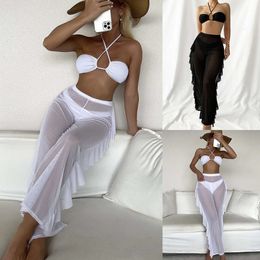 New Mesh Three Piece Swimsuit, Women's Split Body Cross Suspender, Sexy Long Pants, Fly Edge, Solid Colour Swimsuit
