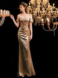 Runway Dresses Champagne Gold Celebrity Dress Elegant Off The Shoulder Sequins Glitter Trailing Side Split Formal Evening Party Gowns 2024