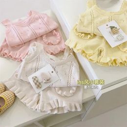 Clothing Sets Baby Girls Suit Summer 2024 Solid Colour Knit Ruffles Sleeveless Tops Shorts 2pcs Kids Children Set