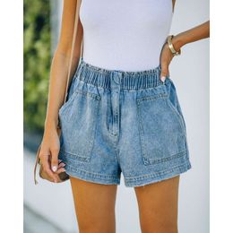 summer new minimalist elastic waist pocket straight washed denim shorts for women