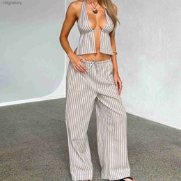 Women's Tracksuits HIRIGIN Womens striped pants set suspender collar bare back precious Fibre Y-shaped wide leg pants 2-piece clothing set summer yq240422