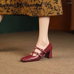 Dress Shoes LeShion Of Chanmeb Women Real Leather Mary Janes Double Buckle T-strap High Heels Shoe French Retro Square Toe Pumps Beige