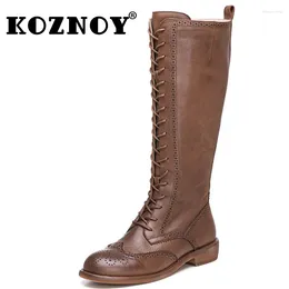 Boots Koznoy 3cm Natural COW Genuine Leather Women Chimney Booties Microfiber Fashion Knee High Autumn Chunky Heels Spring Shoes