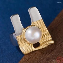 Cluster Rings S925 Sterling Silver For Women Fashion Ethnic Style Geometric Exaggerate Freshwater Pearl Punk Jewellery