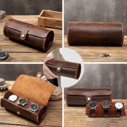 Bracelets Leather 3 Watch Storage Roll Cases Round Shape Bracelets Cufflinks Earrings Watch Portable Storage Accessories Pouch