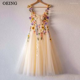 Party Dresses OEING Light Yellow A-Line Prom 3D Flower Tulle Length Fairy Evening Dress Special Occasion Gown Vestidos De Gala