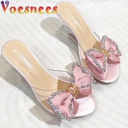High Heels Summer Slippers Fashion Elegant Party Transparent Women Shoes Satin Big Bow Wedge Sandals 8CM Pink Pumps Size 43 240419