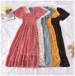 Women Summer Dresses Clothing SQ402 Latest Korean Design Print Elastic Vintage Square Neck hort Sleeve Long Dress6577687