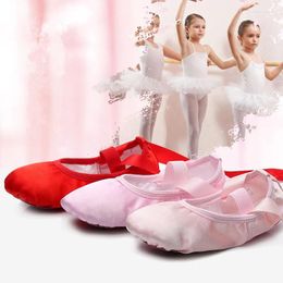 Dance Shoes Slippers Gym Teacher Yoga For Girls Children Satin Red Pink Flesh Kids Ballet Shoe With Ribbon