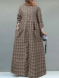 Casual Dresses Robe Women's 2024 Commuter Loose Temperament Checkered Print Round Neck Long Sleeve Pocket Fashion Dress Clothing