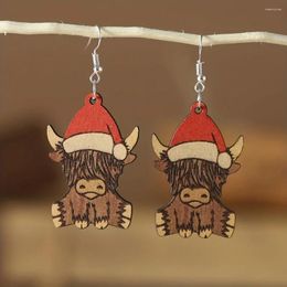 Hoop Earrings Wearing Christmas Hat High Mountain Cow Design Dangle Retro Cute Style Wooden Jewellery Ear