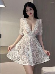 Party Dresses Summer 2024 Women's Sexy Transparent Temptation Backless Short Sleeve V-Neck A-LINE Lace Embroidery Solid Colour Dress Q5N5