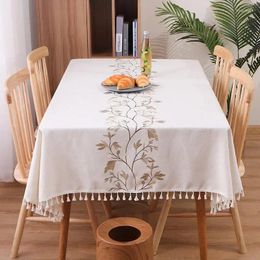 Table Cloth Embroidered Tassel Rectangular Tablecloth Dustproof Thickened Cotton Linen Modern Desk Mats Simple Retro Exquisite Cover