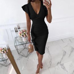 Casual Dresses Elegant Modest Gowns For Women Sexy Deep V Neck Layer Ruffles Bodycon Party Dress Solid ColorButterfly Sleeve Office Lady