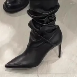 Boots Snake-shaped Shoes For Ladies Pointed Toes Chassure Femme Pleated Female Leather High Heels Sewing Lines Zapatos De Mujer