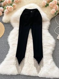 Women's Pants Black Tassel For Women High Waisted Elegant Ankle Length Pencil Spring 2024 Fashion Chic Casual Trousers Z739