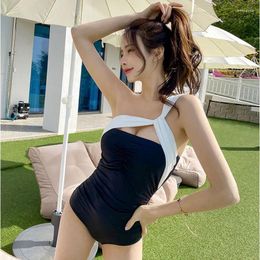 Women's Swimwear Black One Piece Swimsuit Women Shoulder 2024 Korean Bodysuit Monokini Sexy Bandeau Beach Wear Bathing Suit Pool