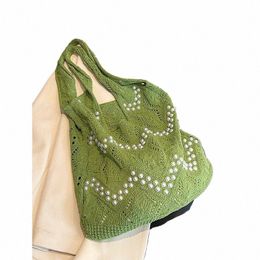 green Knitting Shopper Shop Beaded Shoulder Bags for Women 2024 Spring Designer Fi Soft Big Handbags Trend Tote Bag X05A#