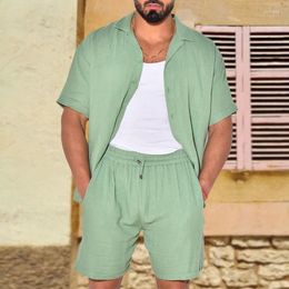 Men's Tracksuits Summer Men Suit Simple Short-sleeve Shirts And Shorts Solid Two-piece Set Oversized Loose Linen Clothing Outfits