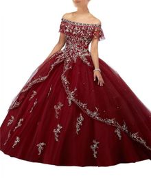 2019 Burgundy Sweet 16 Quinceanera Dresses Long Cheap Ball Gown Prom Dress Girls Off shoulder Sliver Embroidery Vestidos 15 anos4478786