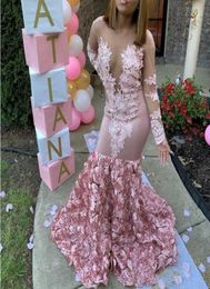 Evening Dresses 3D Rose Floral Blush Pink Long Sleeve Wear 2020 Sexy African Plus Size Keyhole Back Mermaid Dubai Prom Gowns3596204