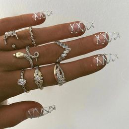 Cluster Rings Pack Of 7 Creative Knuckle With Metal Embossed Snake /Wave/Moon/Geometry Crystal Design In Burnished