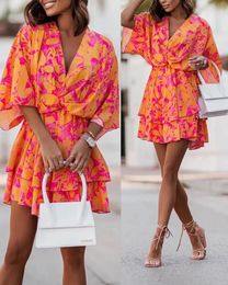 Summer Floral Print Mini Dress Women Sexy Bat Short Sleeve V Neck High Waist Ruffle Dresses Ladies Boho Holiday Party Dresses 240419