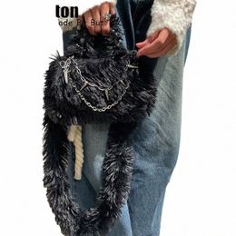 gothic Lolita Girl Dark Black Furry Shoulder Bags Handbags Y2K Women Metal Punk Rivet Chain Winter Fluffy Menger Bag Totes 34mR#