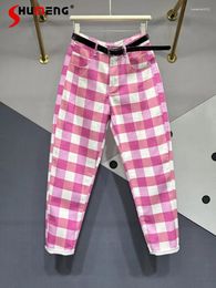 Women's Jeans Thin Pink And White Large Plaid For Women 2024 Autumn Versatile High Waist Harem Pants