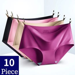 TrowBridge 10PCSSet Womens Panties Solid Seamless Underwear Plus Size Comfortable Briefs Silk Satin Lingerie Health Underpants 240422