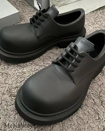 Dress Shoes Big Round Black Leather Thick Soles Middle Heels British Style Neutral Deep Cut Single Lace Up