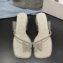 Slippers 2024 Summer Shoes Woman Sandals Chunky Heel Designer Rhinestone Butterfly Slides Orthopaedic Clip Toe Beach Flip Flops