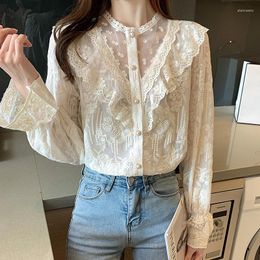 Women's Blouses See-through Lace Versatile Long Sleeve Shirt Mesh Top