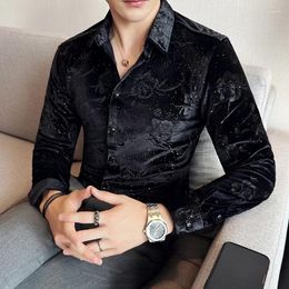 Men's Dress Shirts Long Sleeve Velvet Flower Shirt Luxury Printed Business Casual Formal Social Party Turn Down Collar Tops