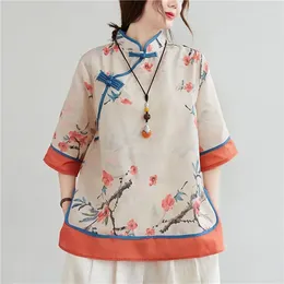 Men's Casual Shirts Cotton And Linen Tang Suit Women's Clothes Autumn Chinese Traditional Style Print Loose Three-quarter Sleeve Service