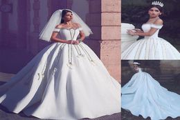 Vintage Satin Offtheshoulder Neckline Ball Gown Wedding Dresses With Beadings Rhinestones Crystals Bridal Gowns vestidos de fi2484856