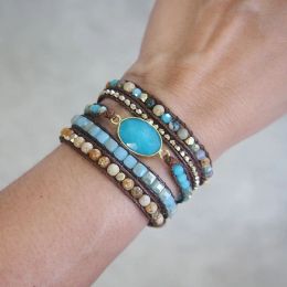 Strands Creative New Design Natural Druzy Stone Bead 5 Wraps Statement Boho Crystal Bracelet Jewellery