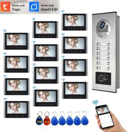 Control 7 Inch WiFi Video Intercom for 2~12 Apartments Door Access Control System Tuya Smart APP Remote Unlock,Call and Monitor