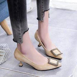 Dress Shoes Ladies Pumps Spring Autumn Pointed Toe Nice Square Metal Buckle Women Woman Slip On Shallow High Heels